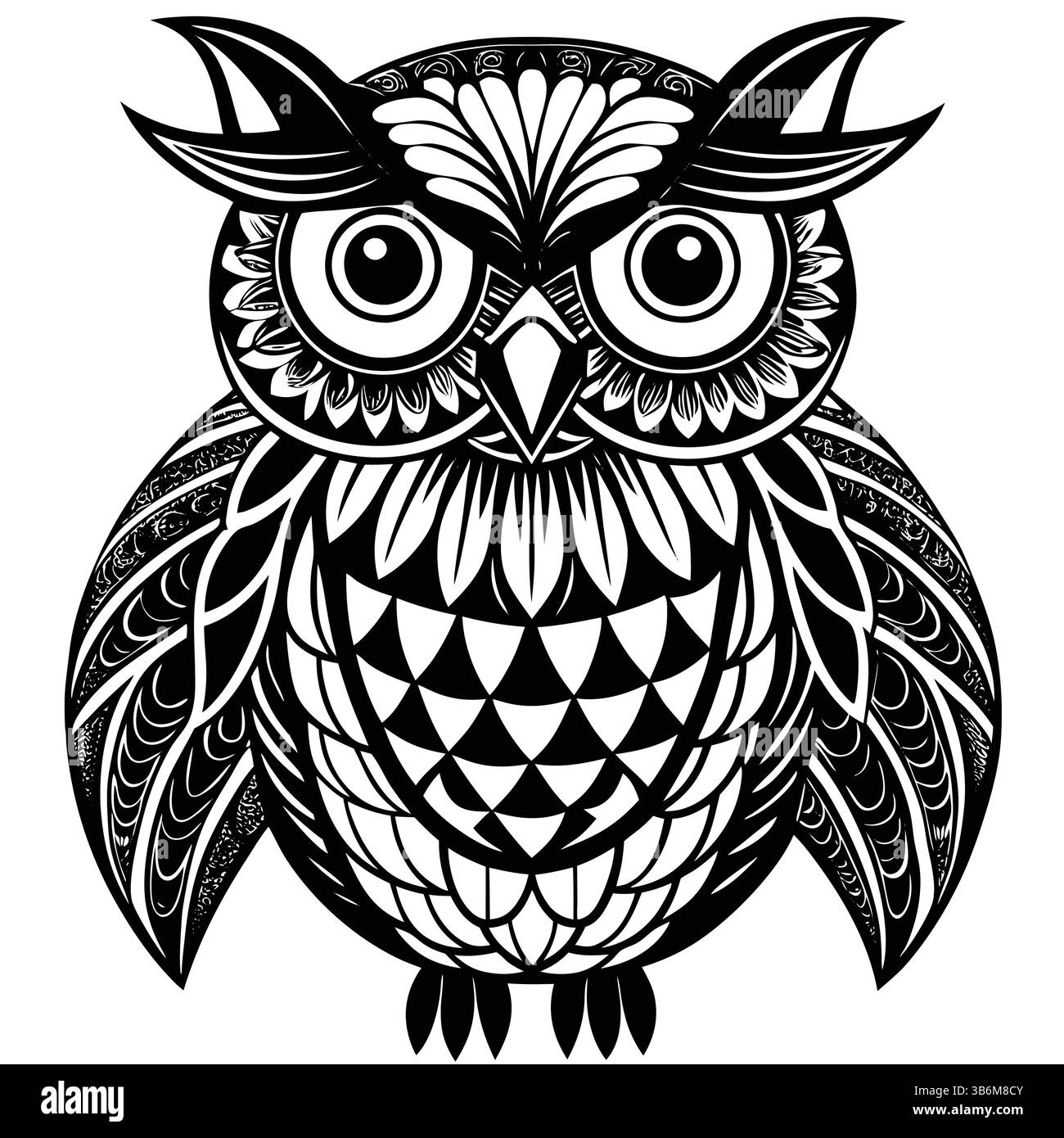 Intricate Black and White Owl – Detailed Wildlife Illustration Stock ...
