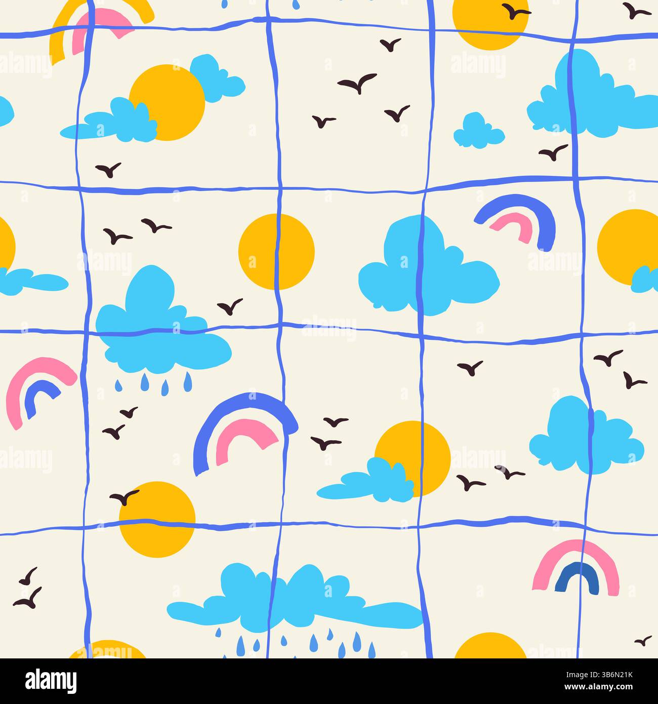 Cute Sky and Rainbow Doodles With Hand Drawn Grid. Whimsical weather seamless pattern. Blue clouds and suns on cream background. Kids art style Stock Vector