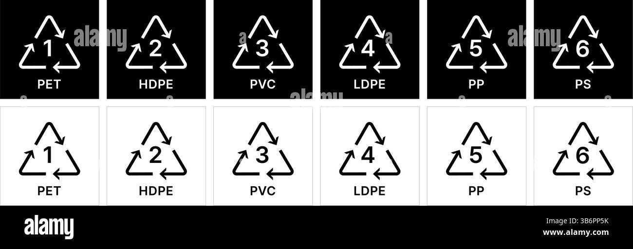 Recycling codes 1 through 6 for various plastic types. Stock Vector