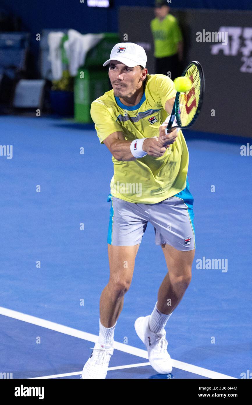 February 12, 2024, Delray Beach, Florida, United States: February, 12 - Delray Beach, FL: Patrick Kypson(USA) defeats Miomir Kecmanovic(SRB) during the first round of the 2024 Delray Beach Open at the Delray Beach Tennis Center. (Credit Image: © Andrew Patron/ZUMA Press Wire) Stock Photo