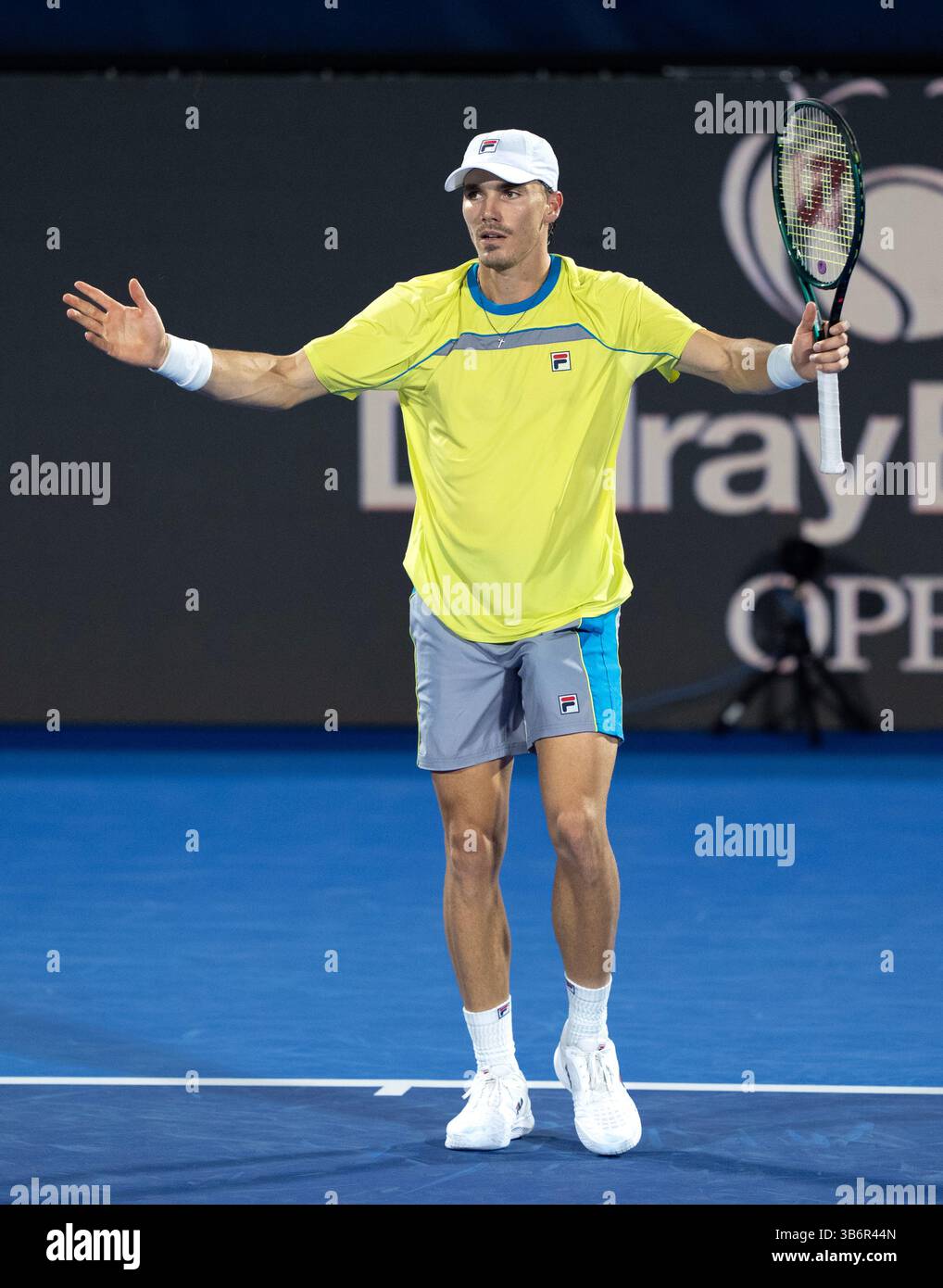 February 12, 2024, Delray Beach, Florida, United States: February, 12 - Delray Beach, FL: Patrick Kypson(USA) defeats Miomir Kecmanovic(SRB) during the first round of the 2024 Delray Beach Open at the Delray Beach Tennis Center. (Credit Image: © Andrew Patron/ZUMA Press Wire) Stock Photo