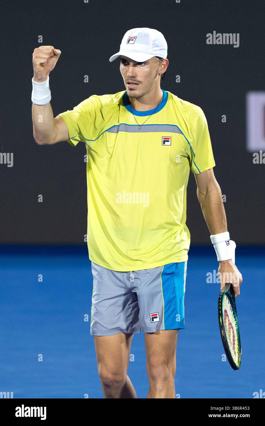 February 12, 2024, Delray Beach, Florida, United States: February, 12 - Delray Beach, FL: Patrick Kypson(USA) defeats Miomir Kecmanovic(SRB) during the first round of the 2024 Delray Beach Open at the Delray Beach Tennis Center. (Credit Image: © Andrew Patron/ZUMA Press Wire) Stock Photo