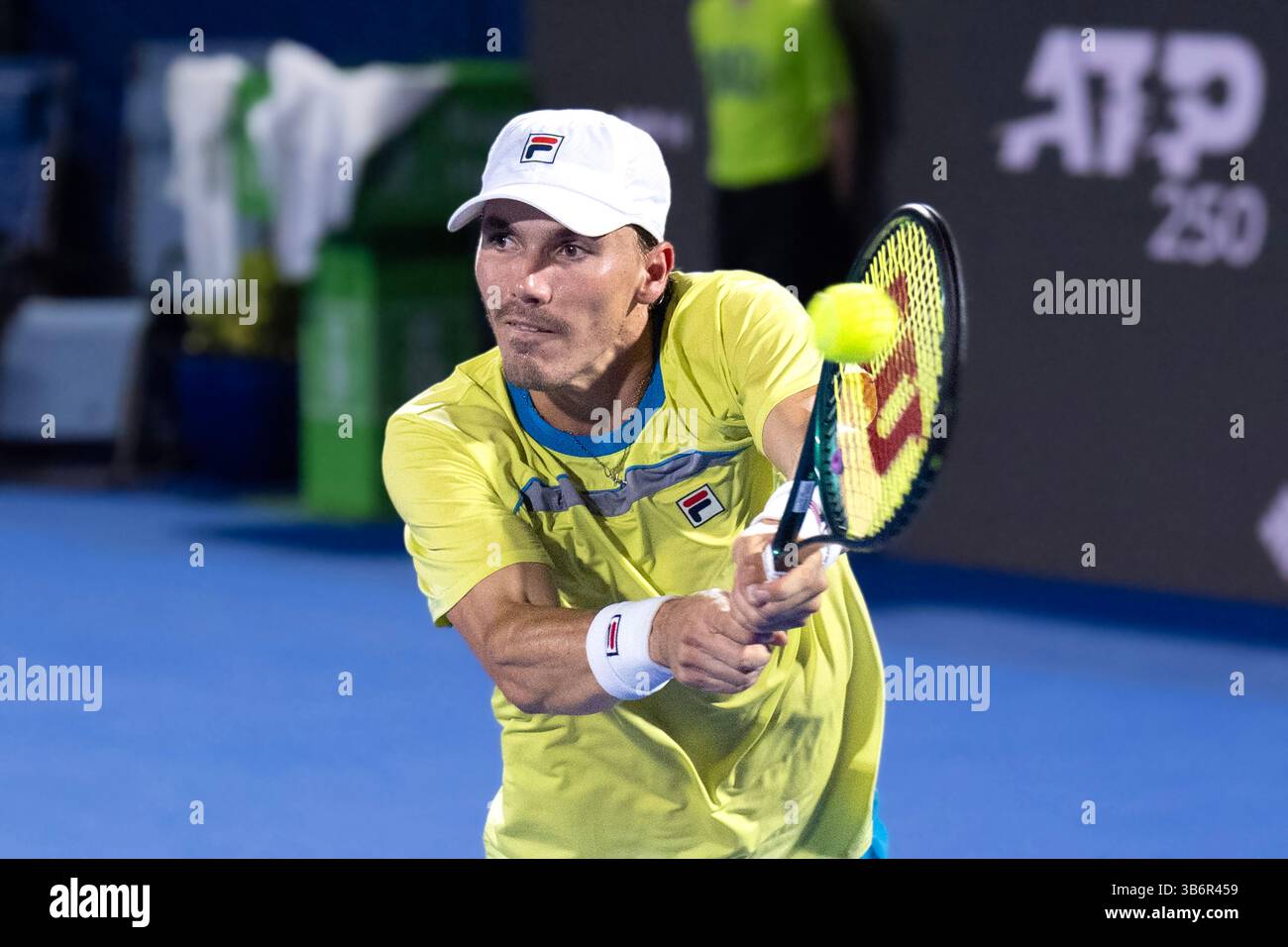 February 12, 2024, Delray Beach, Florida, United States: February, 12 - Delray Beach, FL: Patrick Kypson(USA) defeats Miomir Kecmanovic(SRB) during the first round of the 2024 Delray Beach Open at the Delray Beach Tennis Center. (Credit Image: © Andrew Patron/ZUMA Press Wire) Stock Photo