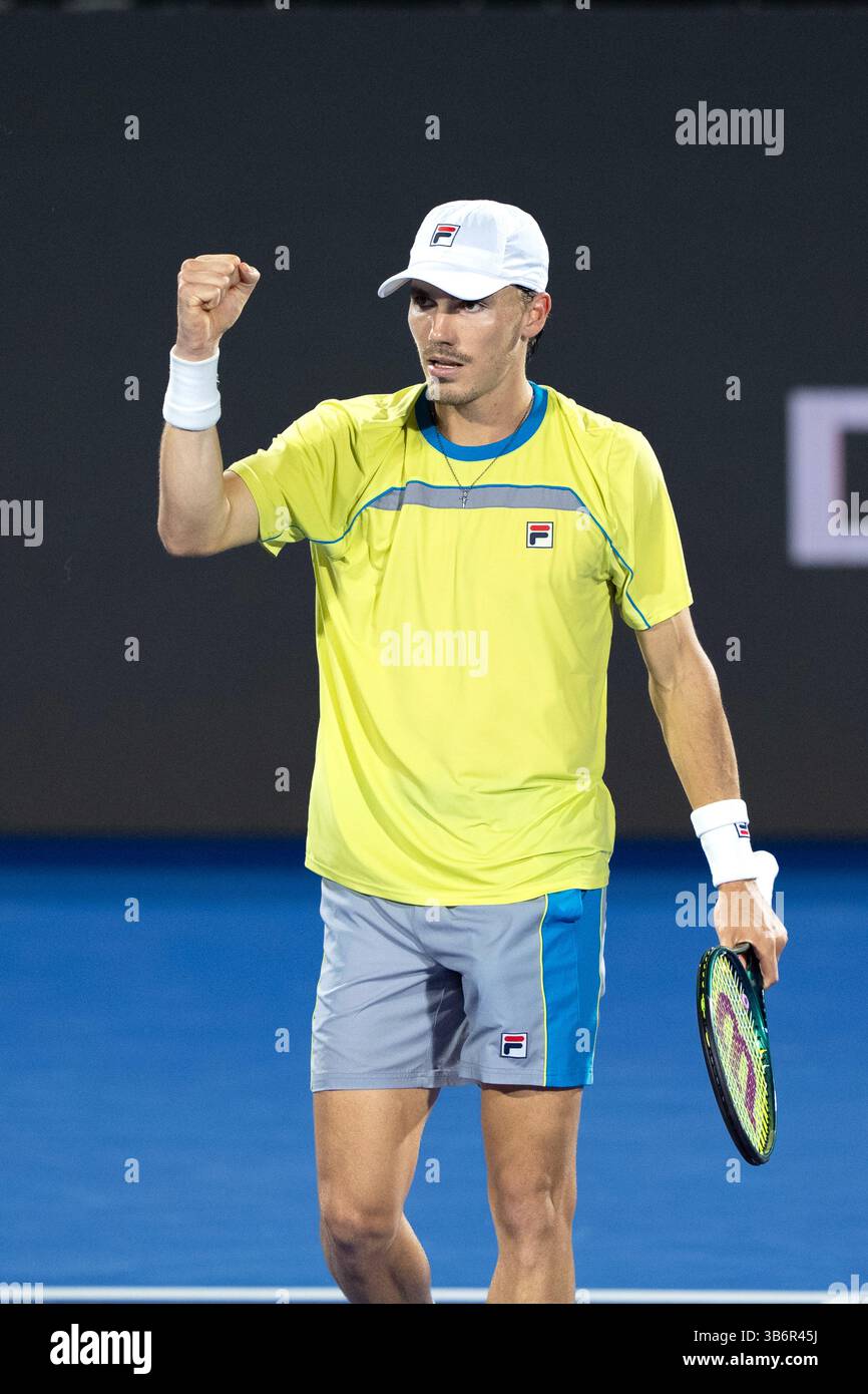 February 12, 2024, Delray Beach, Florida, United States: February, 12 - Delray Beach, FL: Patrick Kypson(USA) defeats Miomir Kecmanovic(SRB) during the first round of the 2024 Delray Beach Open at the Delray Beach Tennis Center. (Credit Image: © Andrew Patron/ZUMA Press Wire) Stock Photo
