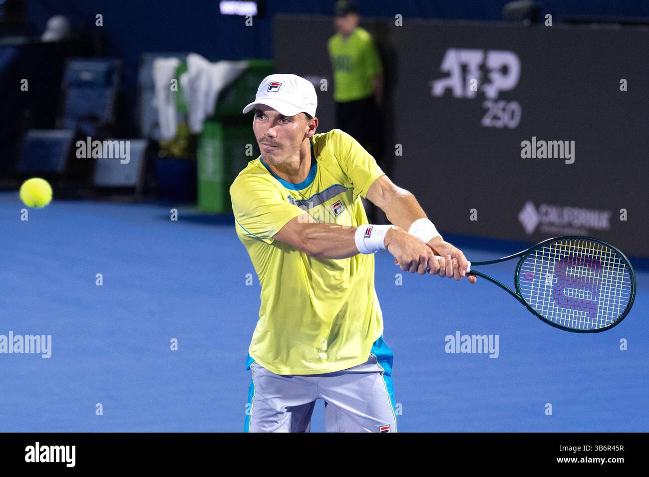February 12, 2024, Delray Beach, Florida, United States: February, 12 - Delray Beach, FL: Patrick Kypson(USA) defeats Miomir Kecmanovic(SRB) during the first round of the 2024 Delray Beach Open at the Delray Beach Tennis Center. (Credit Image: © Andrew Patron/ZUMA Press Wire) Stock Photo