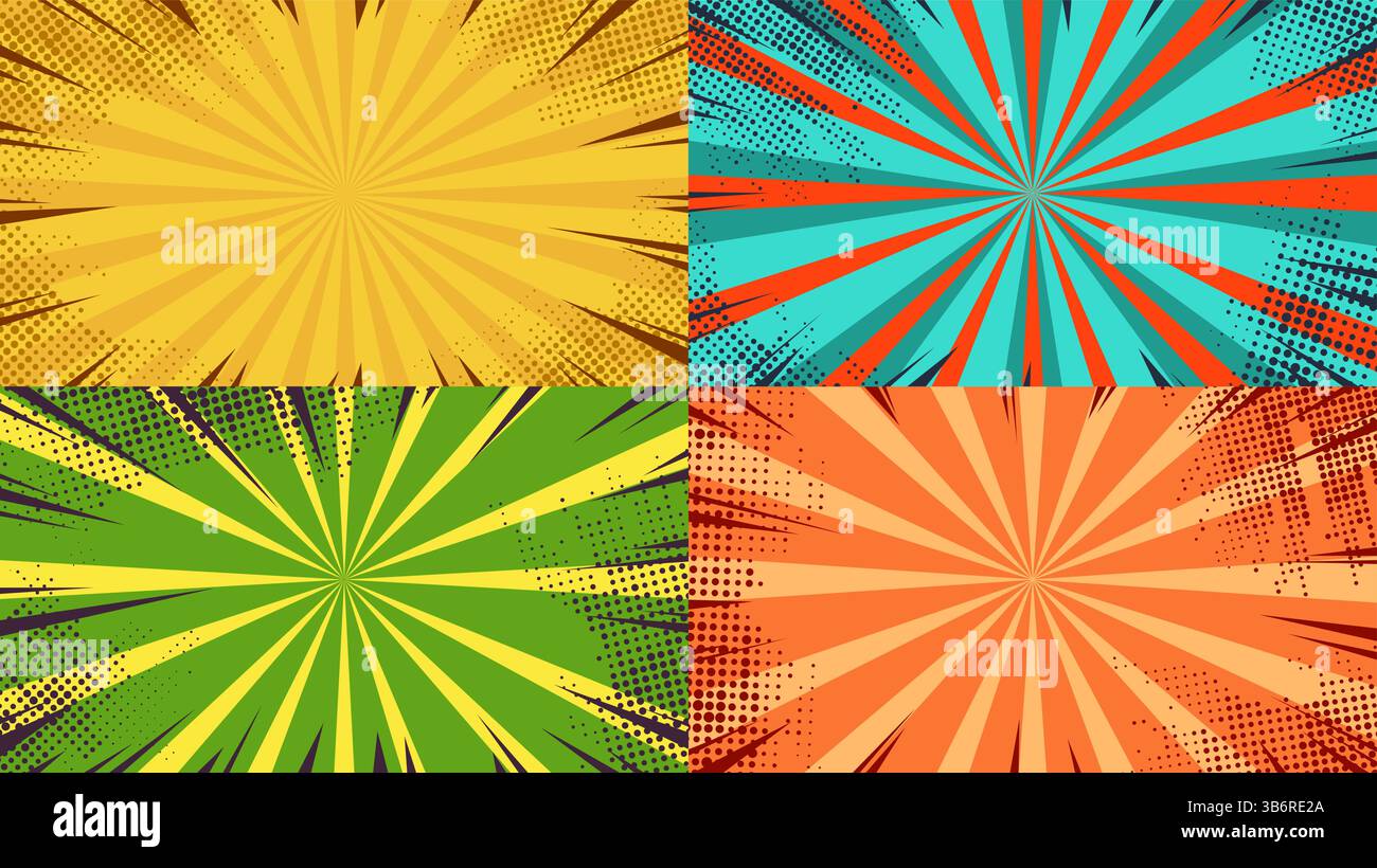 Vector illustration. Funny striped horizontal background with halftone dots. Retro comic empty colorful wallpapers set. Pop art style. Design element Stock Vector