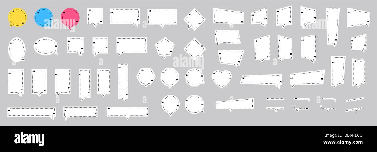 Vector illustration. Quote frames blank template set. Isolated text box in brackets. Citation empty speech bubbles. Geometric dashed linear borders Stock Vector