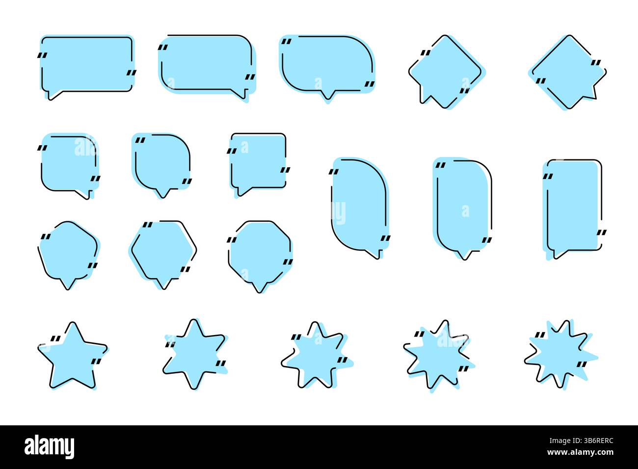Vector illustration. Quote frames blank template set. Isolated text box in brackets. Citation empty speech bubbles. Geometric rounded linear borders Stock Vector