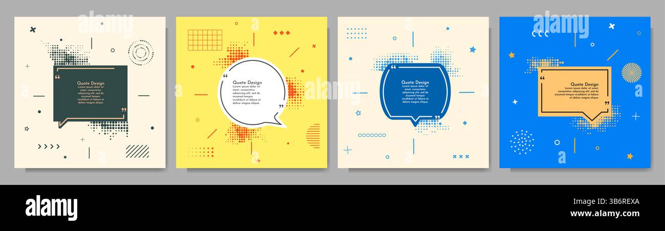 Vector illustration. Quote frames blank templates set. Text in brackets. Banners collection. Memphis pattern and geometry elements. Design elements Stock Vector