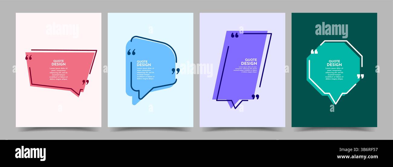 Vector illustration. Quote frames set. Isolated textbox. Text in brackets. Speech bubbles. Color geometric border background. Design elements Stock Vector