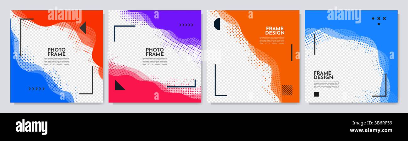 Vector illustration. Fluid motion concept. Abstract color frame set. Liquid wavy pattern with halftone dots and linear frame. Design element Stock Vector