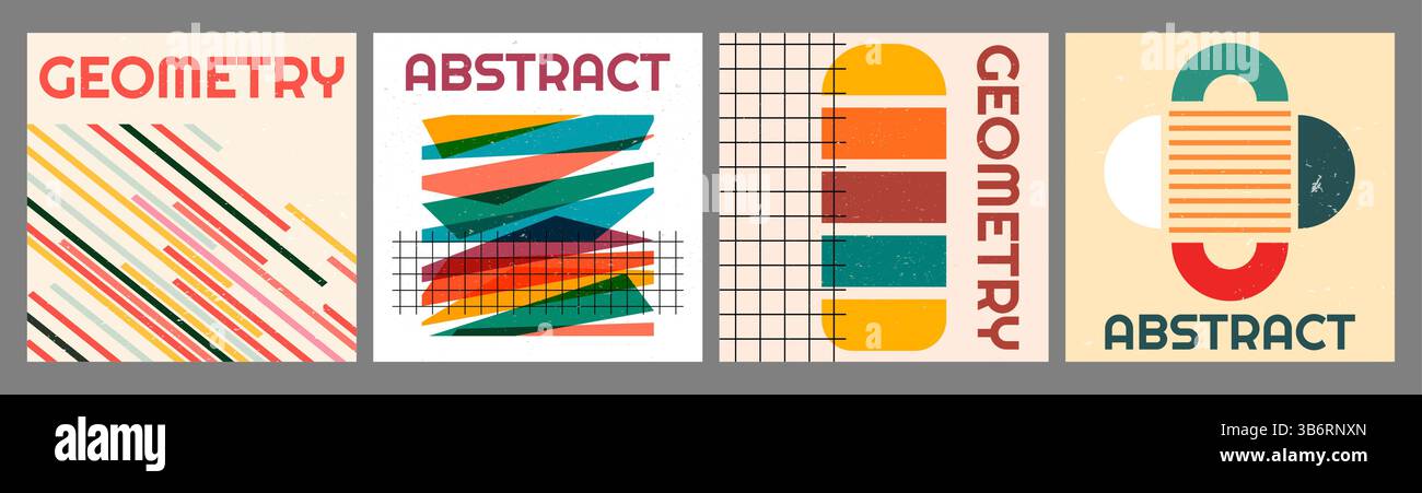 Vector illustration. Geometric simple shapes composition. Dynamic abstract flat mid-century style. Design elements of social media banner, web square Stock Vector