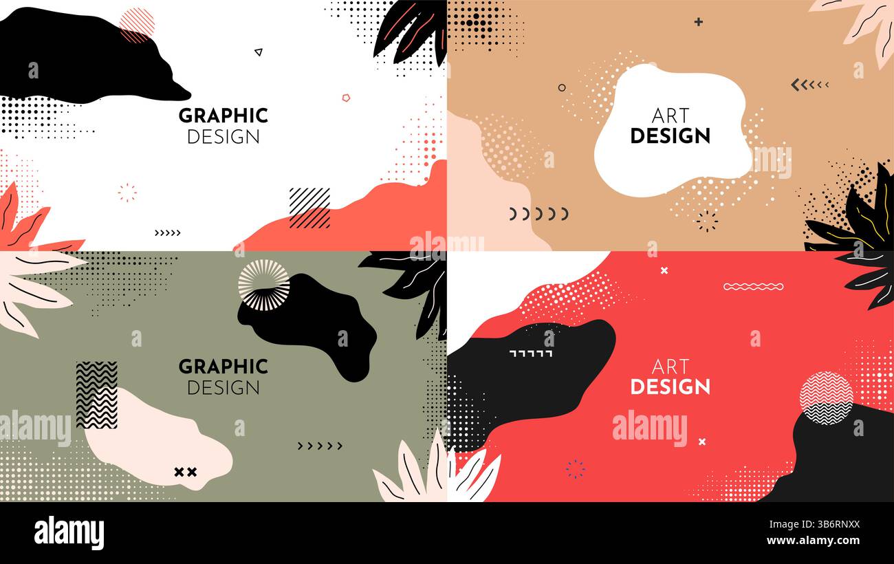 Vector illustration. Drawn horizontal color memphis pattern background. Floral flat style blotches, geometric lines, halftone dots, tropical leaves Stock Vector