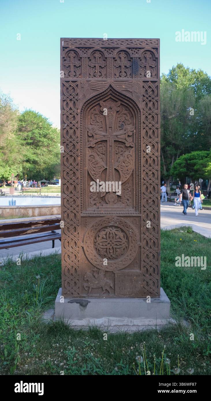 A khachkar or Armenian cross-stone in Yerevan, the capital of Armenia Stock Photo