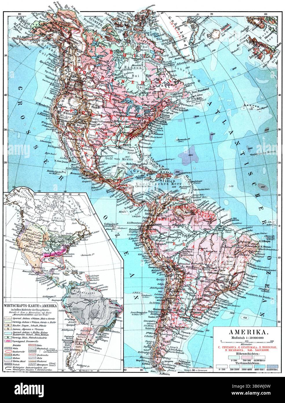 Map of North and South America with inset showing economic activities and trade regions. Stock Photo