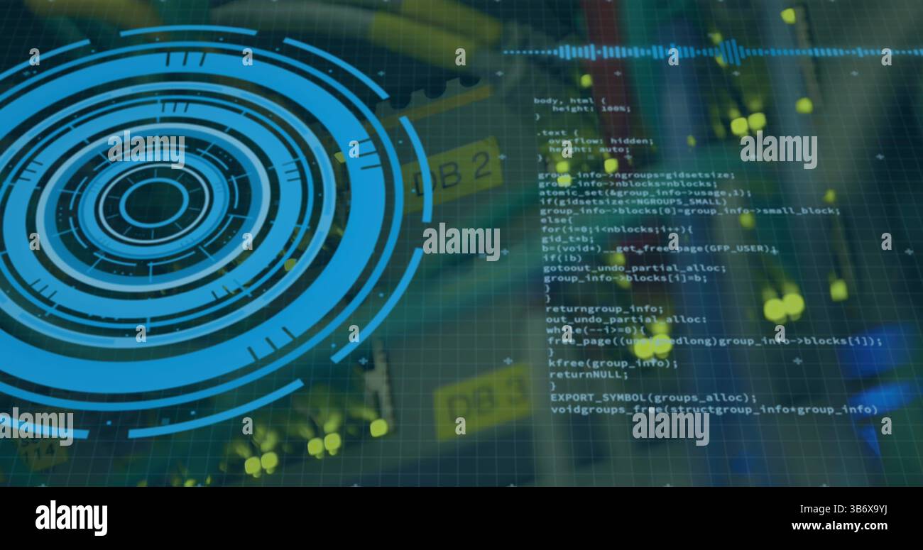 Image of processing circle over integrated circuit and computer wires Stock Photo