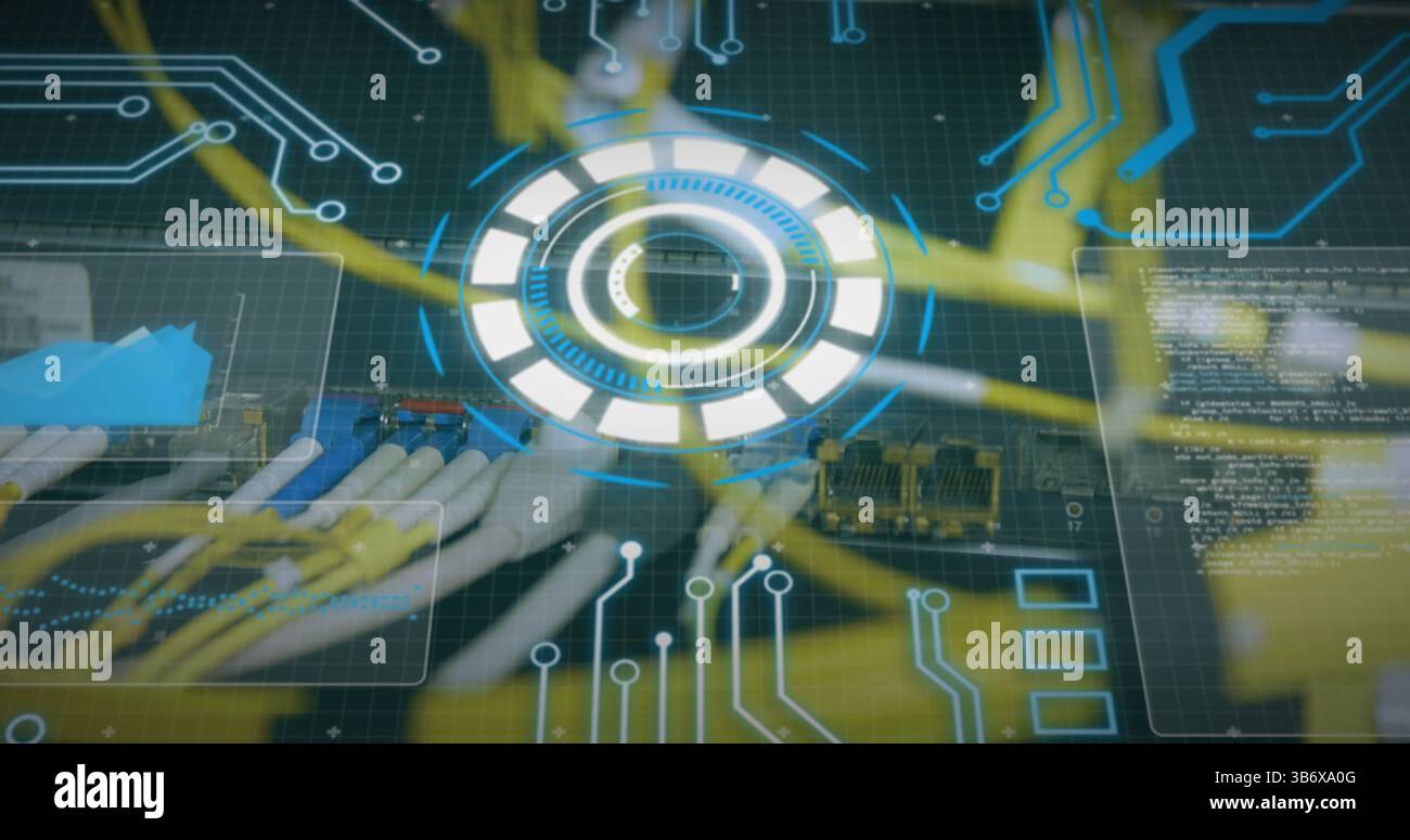 Image of processing circle over integrated circuit and computer wires Stock Photo