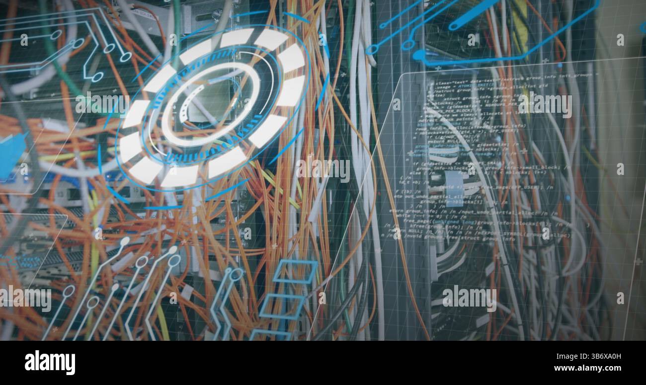 Image of processing circle over integrated circuit and computer wires Stock Photo