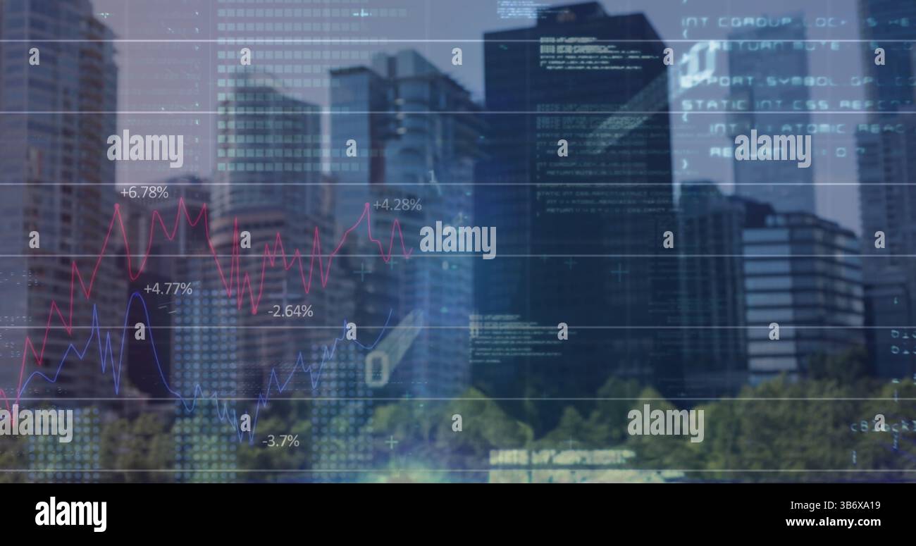 Image of binary coding, financial data processing over cityscape Stock Photo