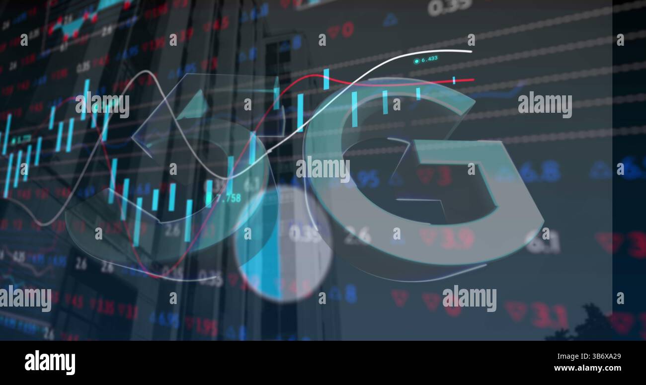 Image of 5g text, statistics and data processing Stock Photo