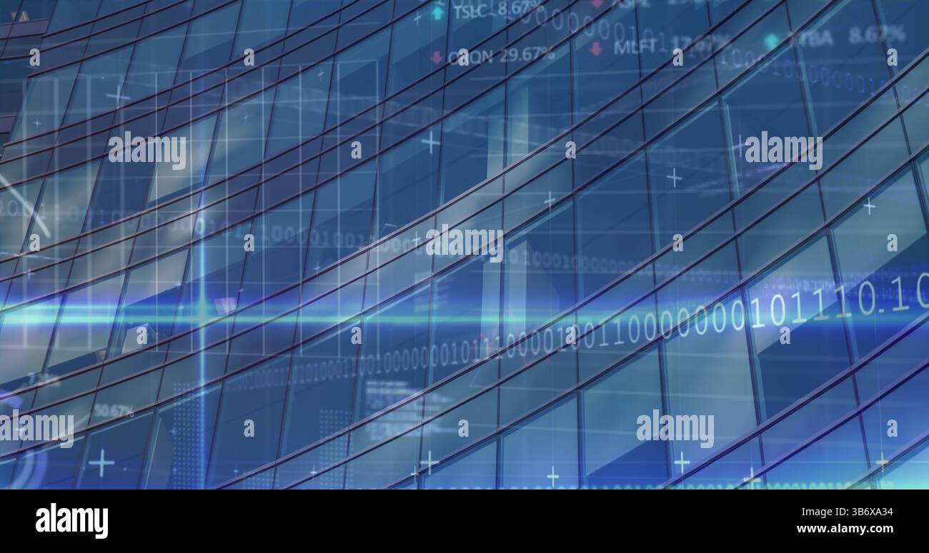Image of binary coding, financial data processing over office building Stock Photo