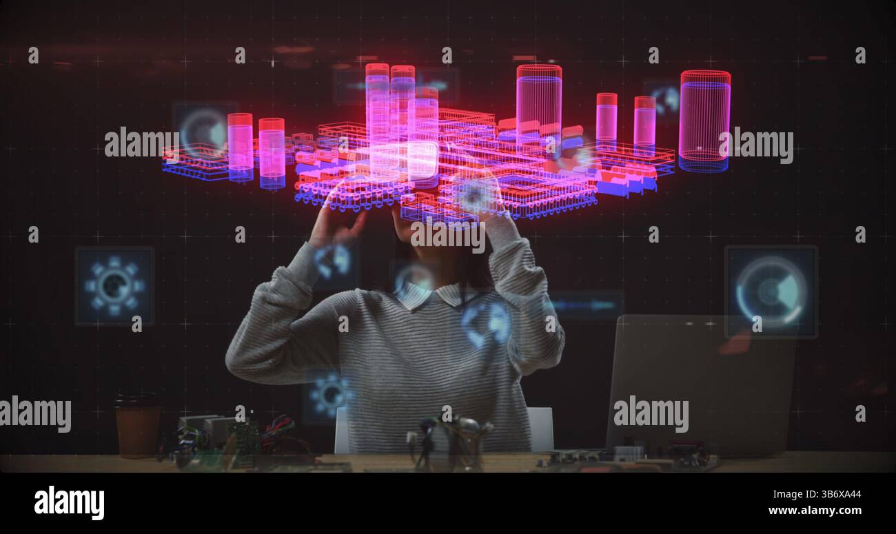 Image of data processing over woman using vr headset Stock Photo