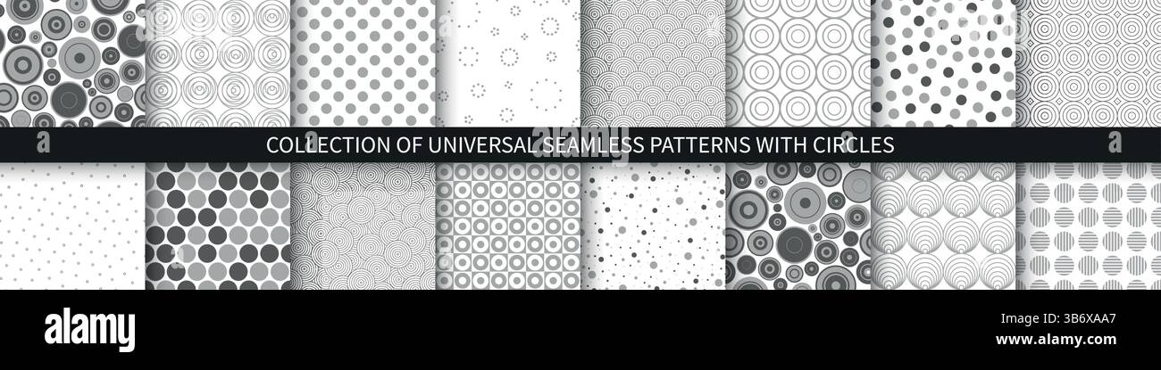 Collection of vector seamless geometric patterns in different styles. Monochrome repeatable unusual textile backgrounds with circles and dots. Gray Stock Vector