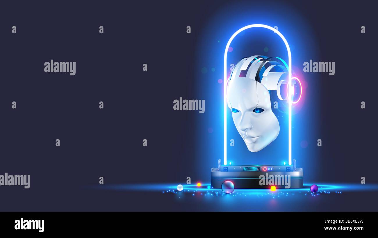AI chat bot head over podium in cyberspace. Cyborg or humanoid robot face with electronic brain in neon lights. Artificial neural network concept. Sci Stock Vector