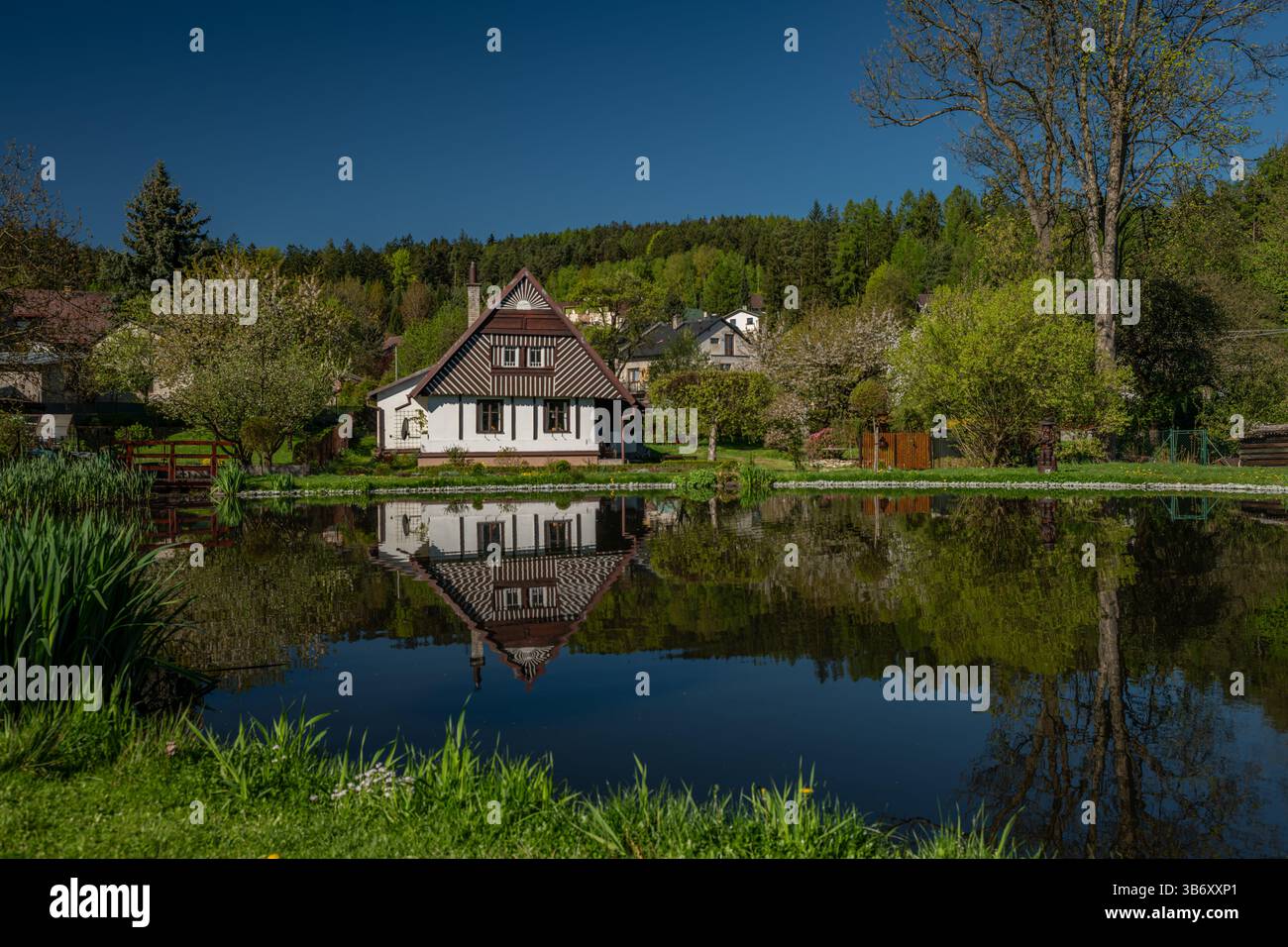 Small blue pond at village square in spring morning in Ceska Cermna CZ 04 28 2025 Stock Photo