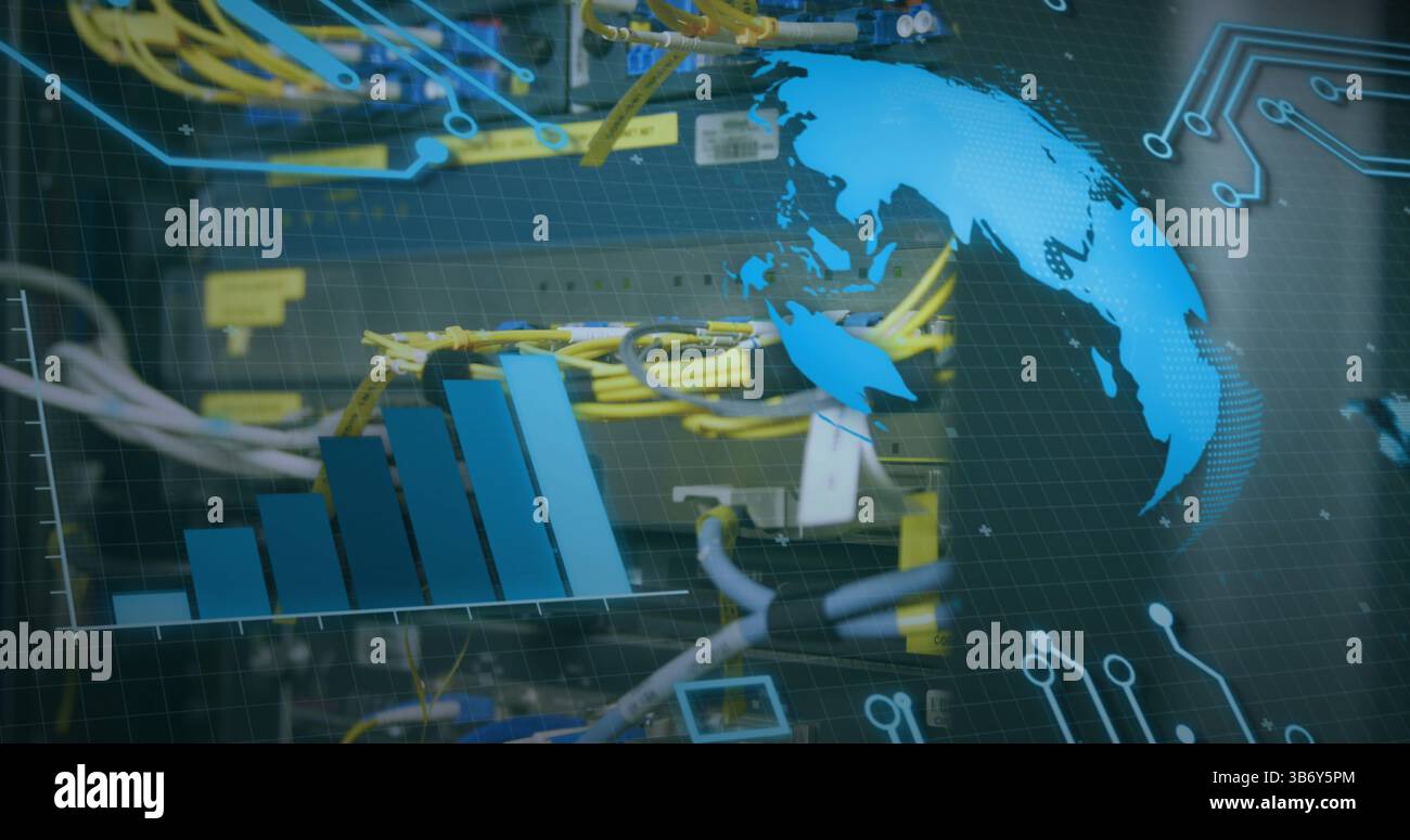 Image of globe spinning and data processing over cables in computer server in background Stock Photo
