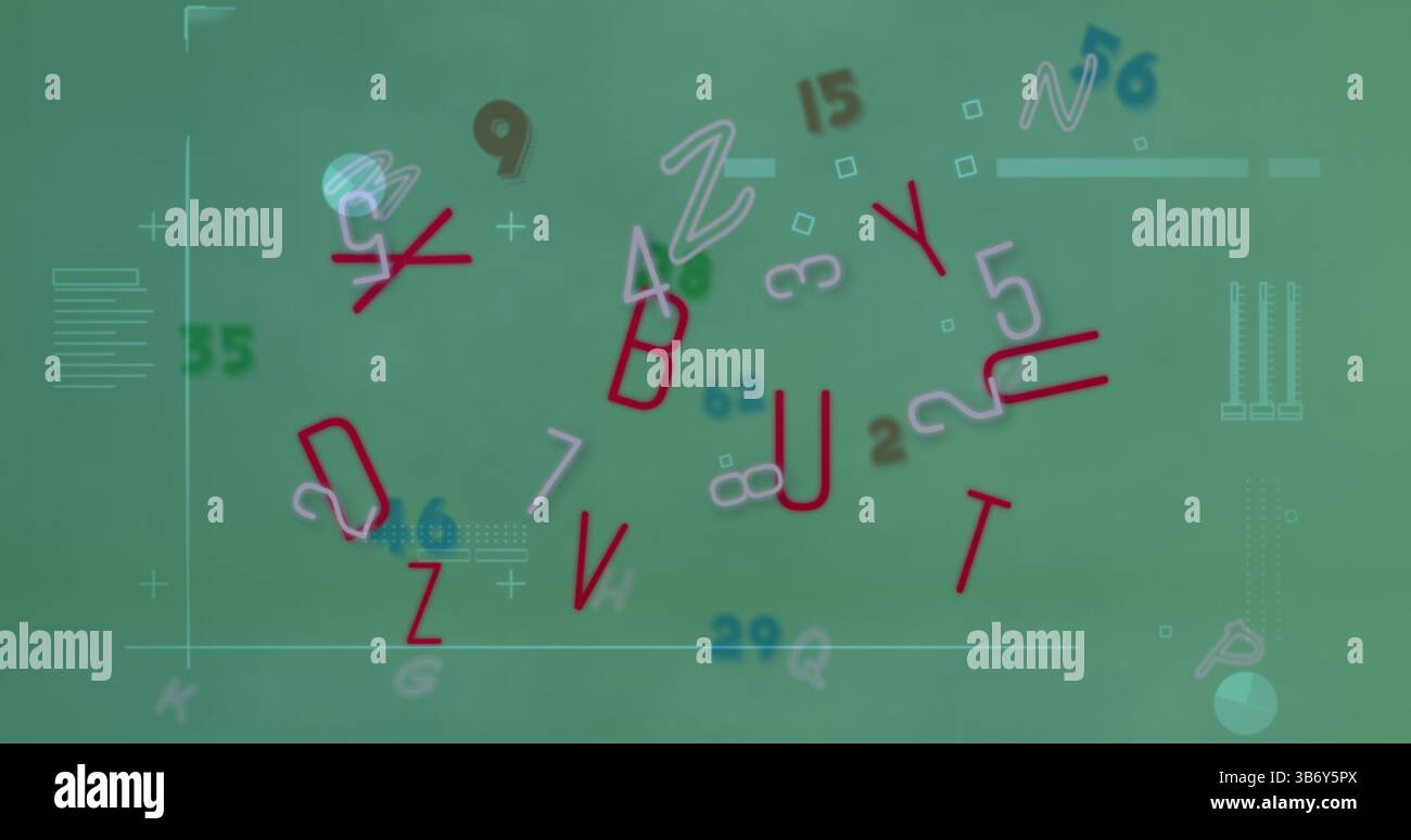 Showing floating alphanumeric characters drifting on dashboard screen, with grid lines and axes Stock Photo