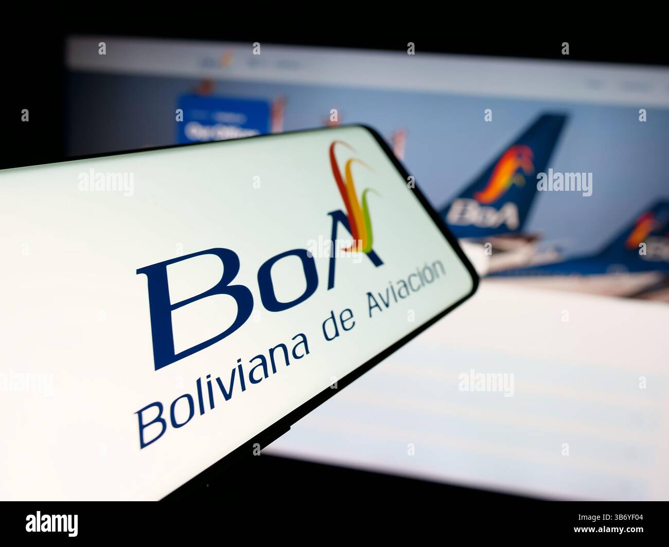 Germany. 7th Apr, 2025. In this photo illustration, a smartphone with the logo of airline company Boliviana de Aviacion (BoA) is seen on screen in front of website. (Credit Image: © Timon Schneider/SOPA Images via ZUMA Press Wire) EDITORIAL USAGE ONLY! Not for Commercial USAGE! Stock Photo