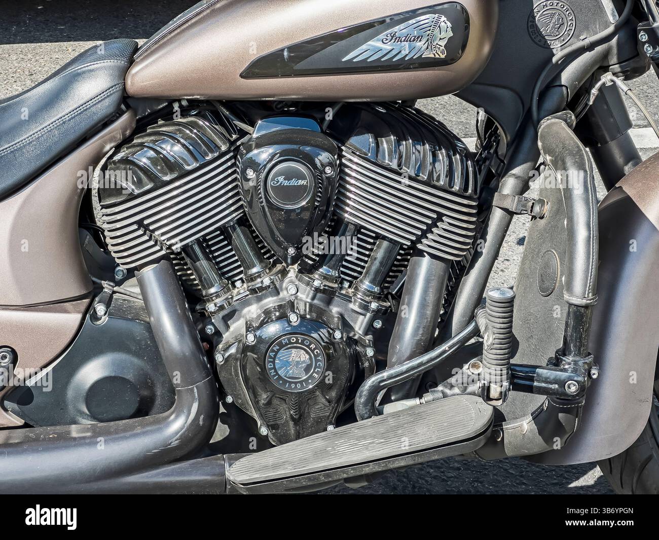 Late-model Indian Chieftain Motorcycle closeup from right-hand side. - Smartphone Captured Stock Image