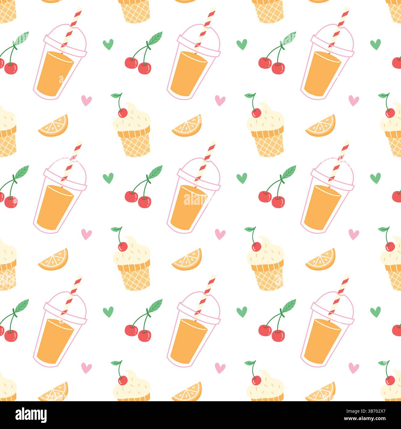 Seamless Summer Pattern with Ice Cream, Juice and Fruits on White Background Stock Vector