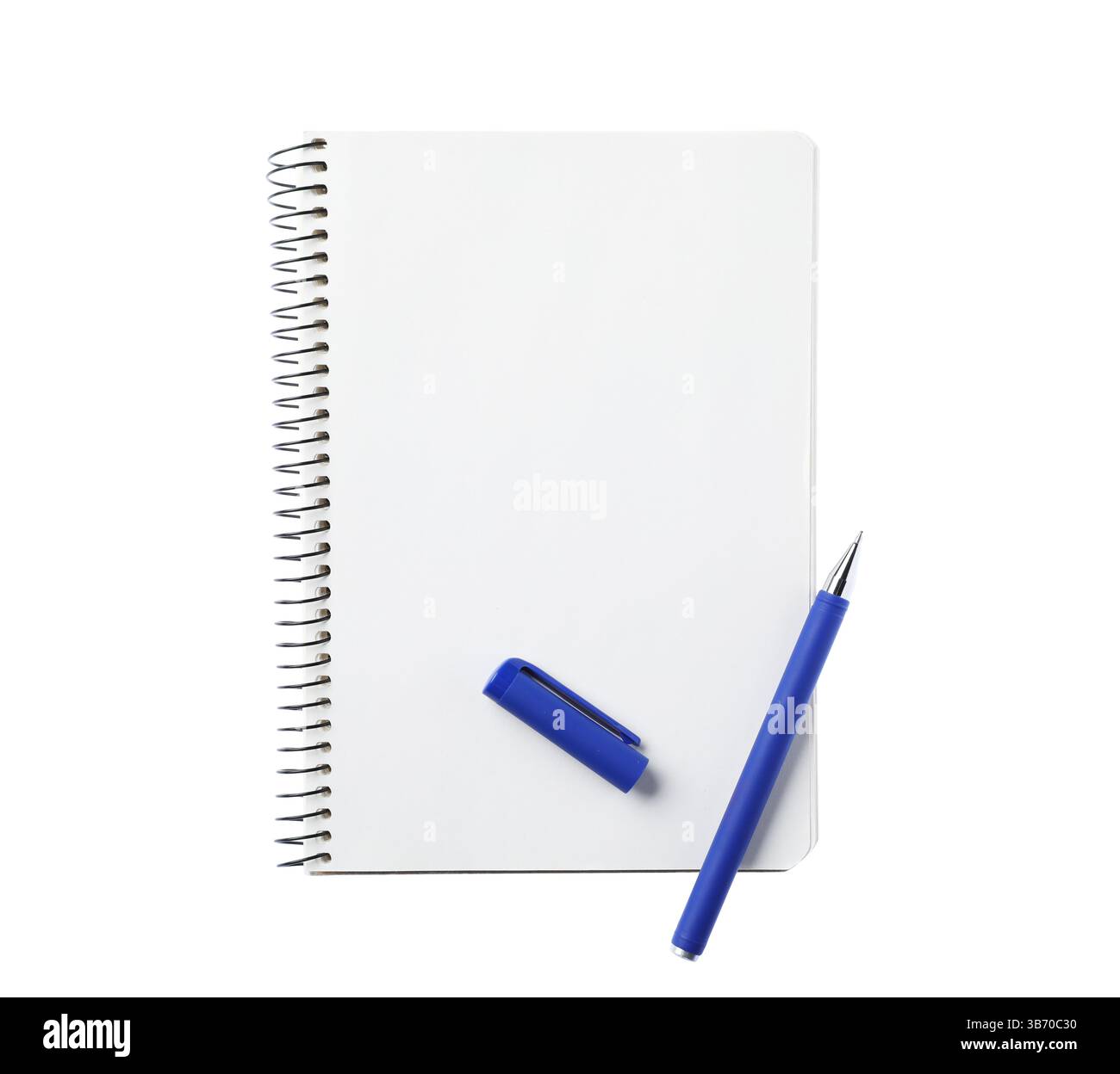 Pen and open notebook isolated on white, top view Stock Photo
