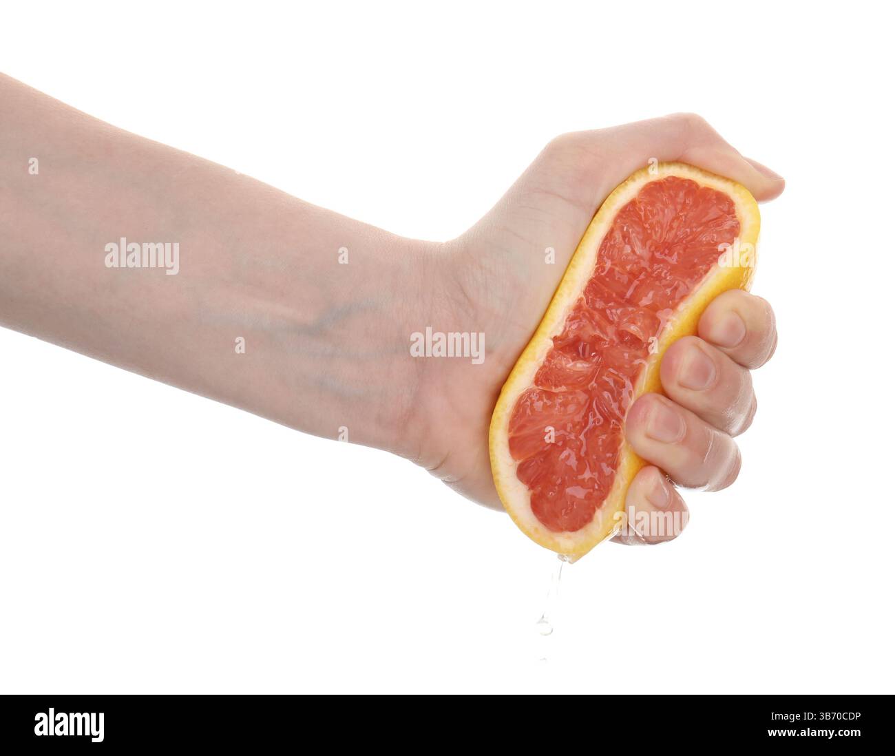 Woman squeezing grapefruit on white background, closeup Stock Photo