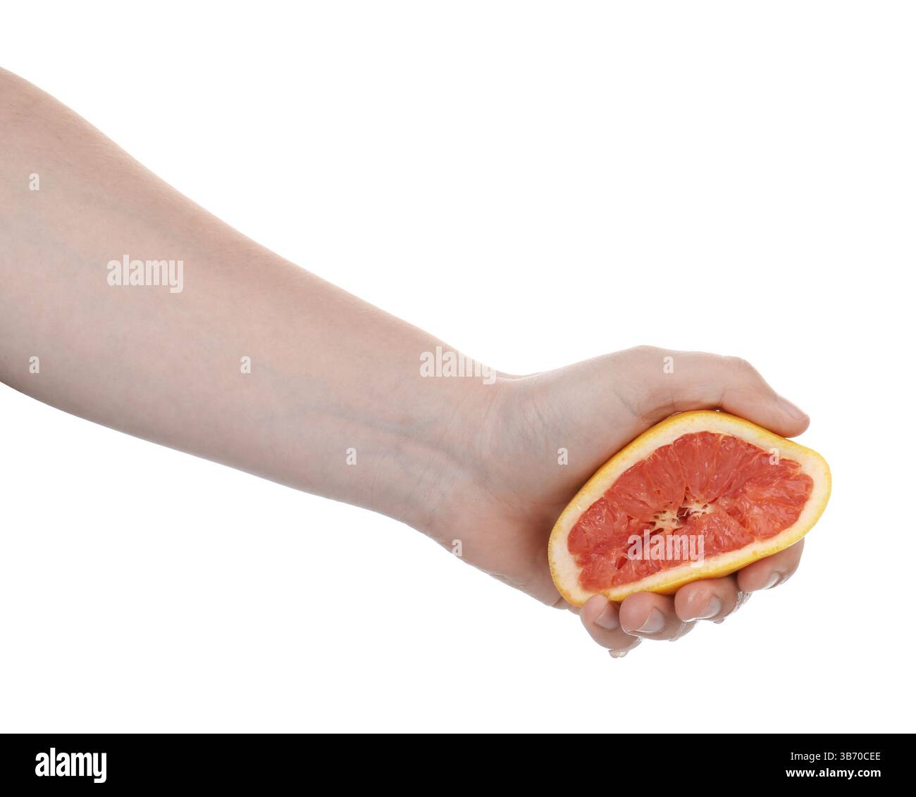 Woman squeezing grapefruit on white background, closeup Stock Photo
