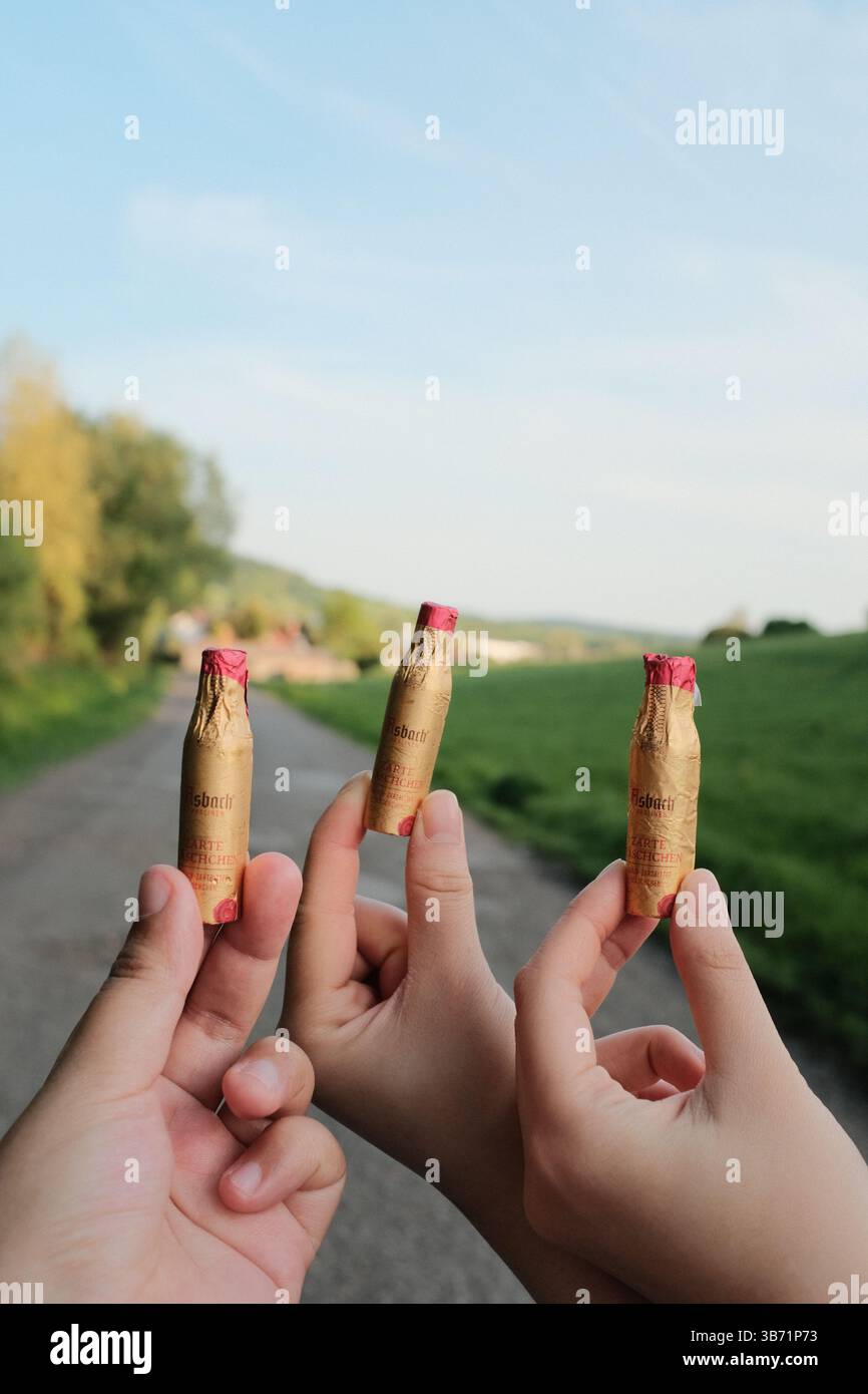 hands holding biscuit sticks or cookies outdoors with green landscape in background during sunny day. High quality photo Stock Photo