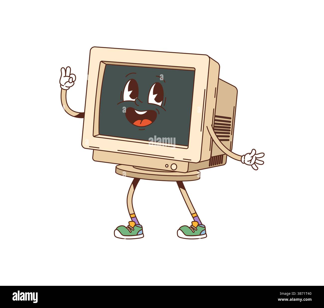 Cartoon retro groovy computer display character with funny face, vector ...