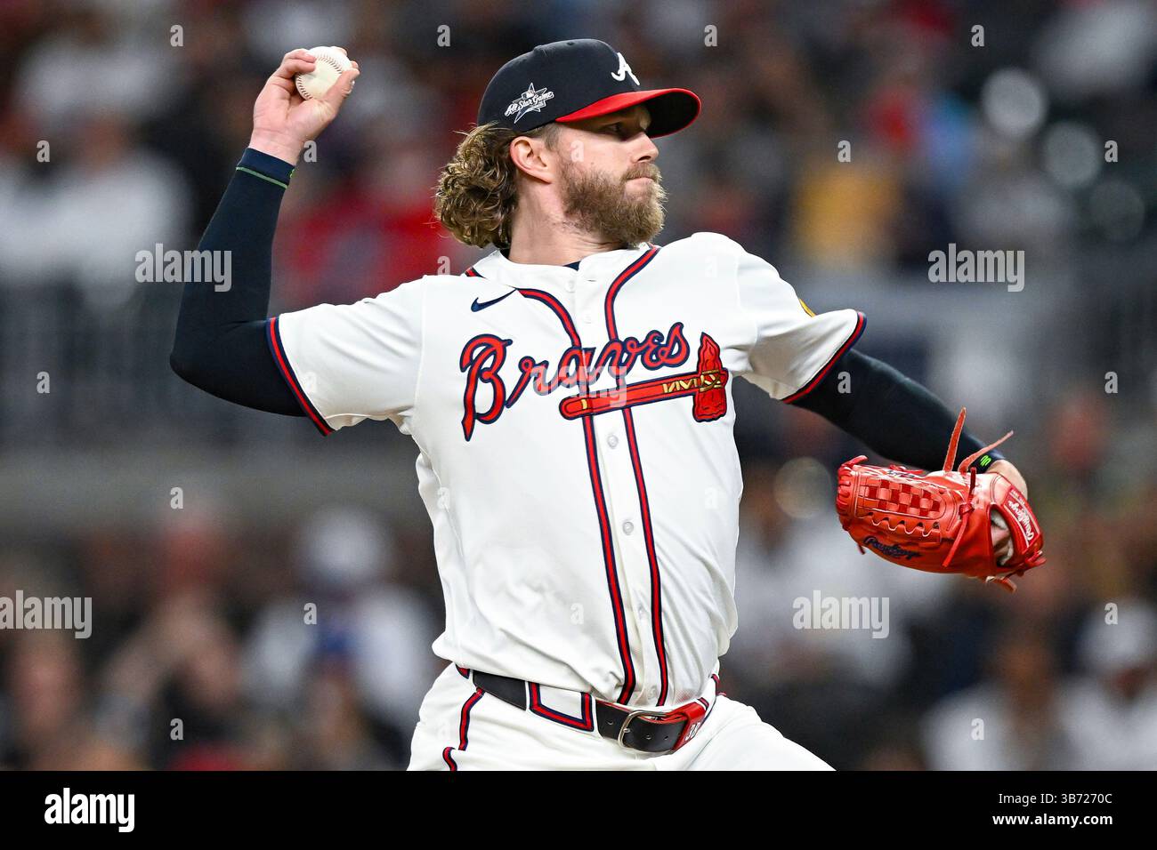 ATLANTA, GA – MAY 04: Atlanta relief pitcher Pierce Johnson (38) throws ...
