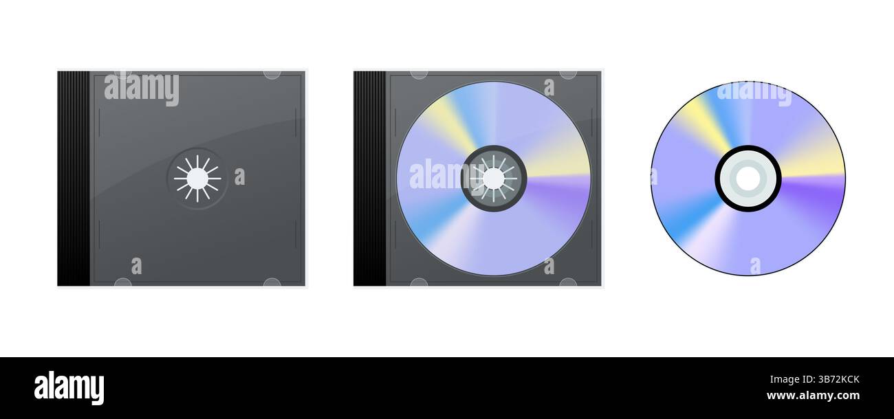 Compact disc or DVD with cover and in transparent case and without case, isolated on white background. Music, data storage and software distribution Stock Vector