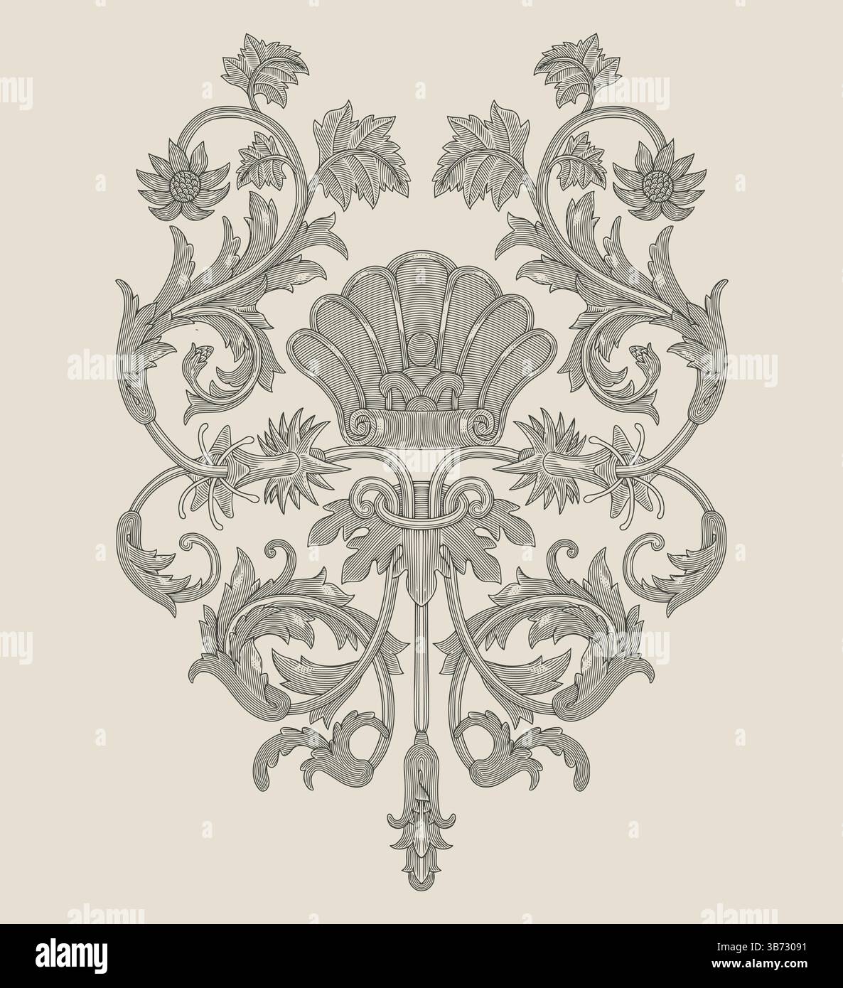 Shell with floral ornament, Vintage engraving drawing style ...