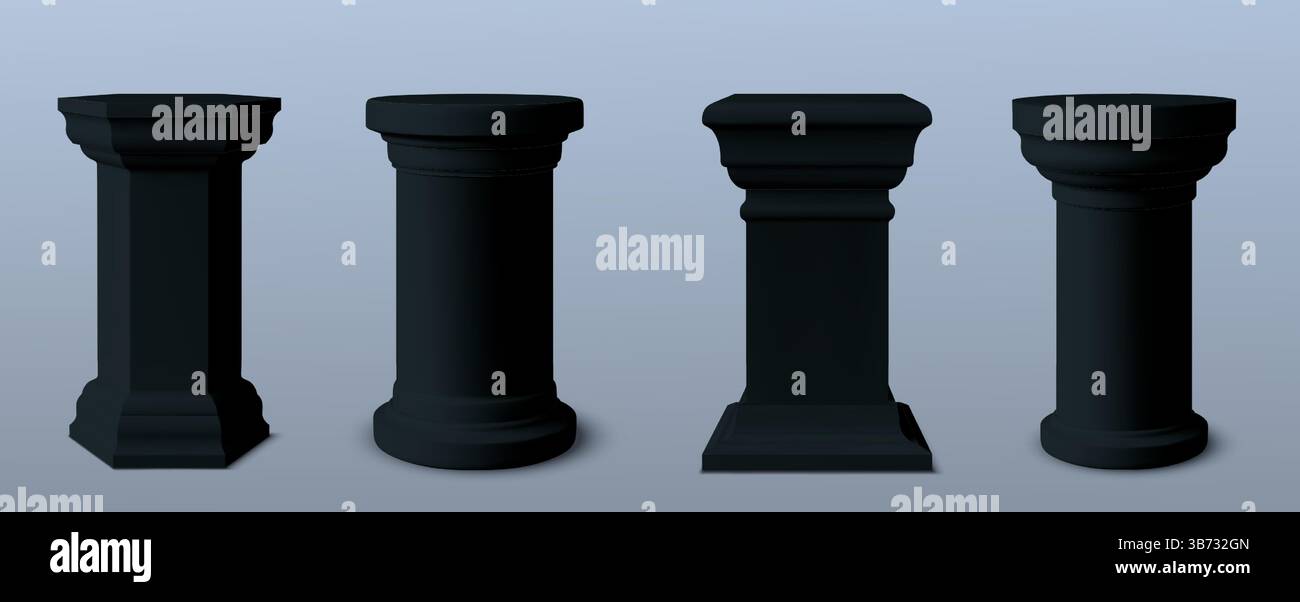 Black podium column set - square and round pedestals of different shape ...