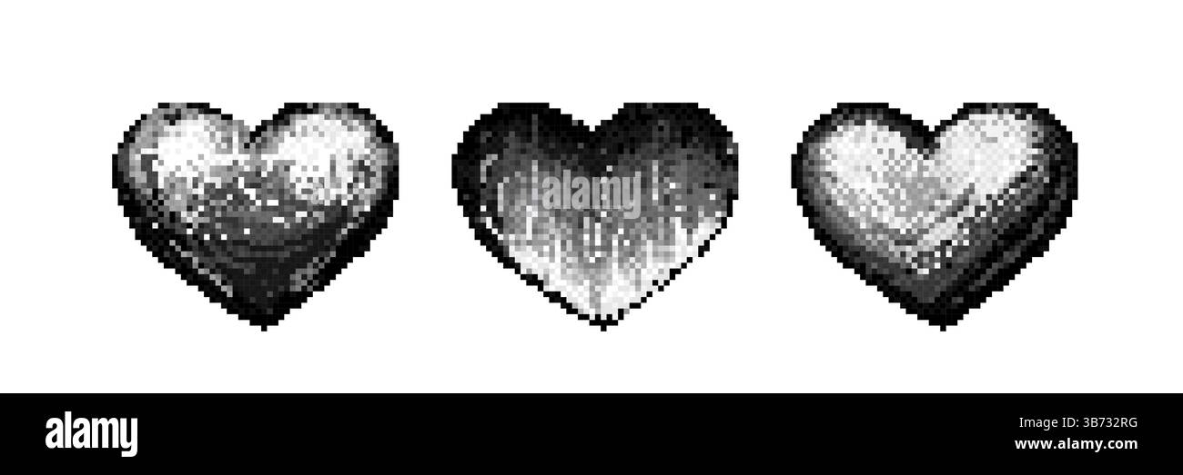Y2k pixel heart icons in black and white grayscale. Retro 8 bit style ...