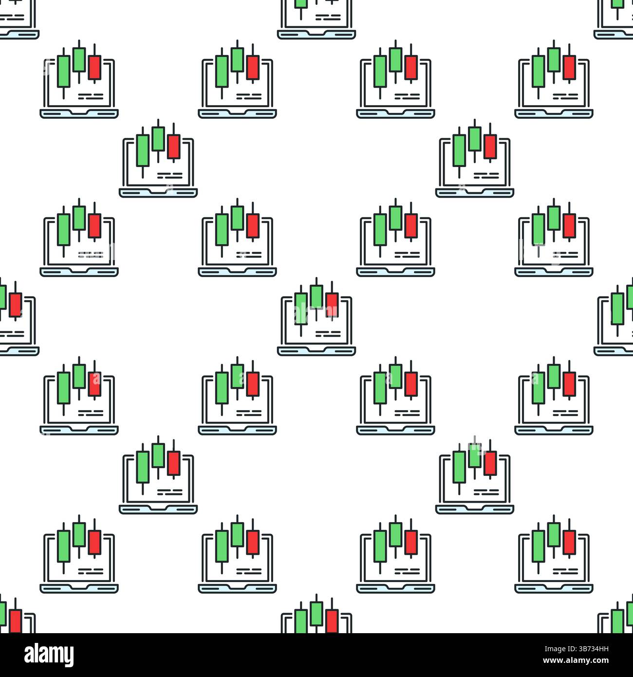 Candlestick pattern on Laptop Screen vector online e trading concept colored seamless pattern Stock Vector