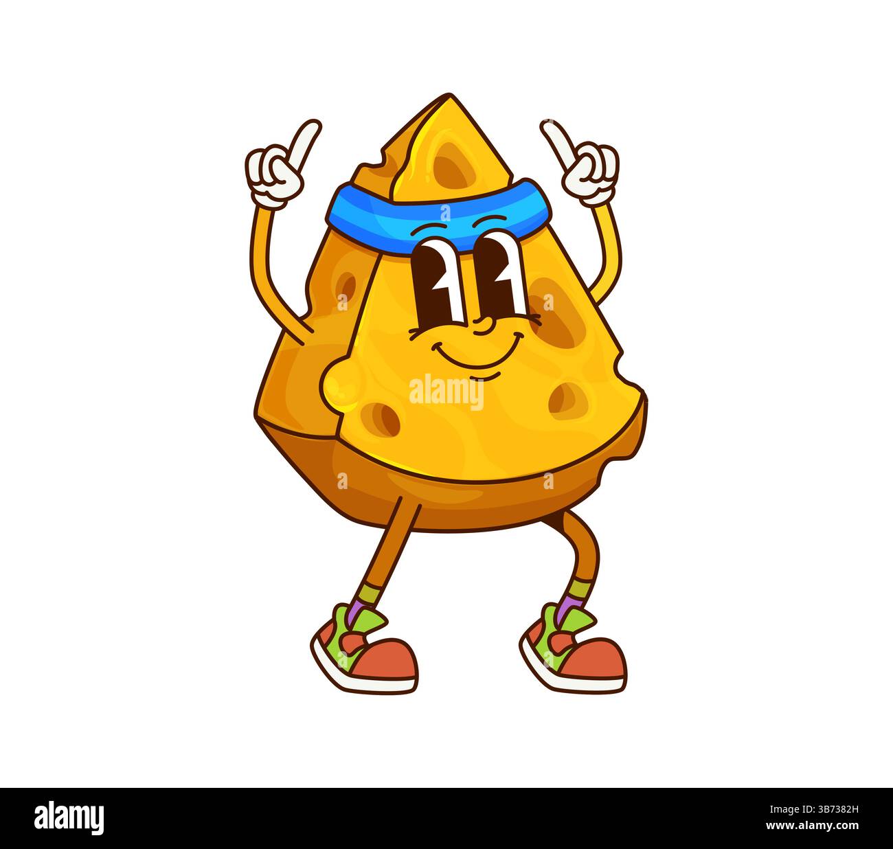 Cheese groovy cheerful character on fitness. Edam milk product wedge ...