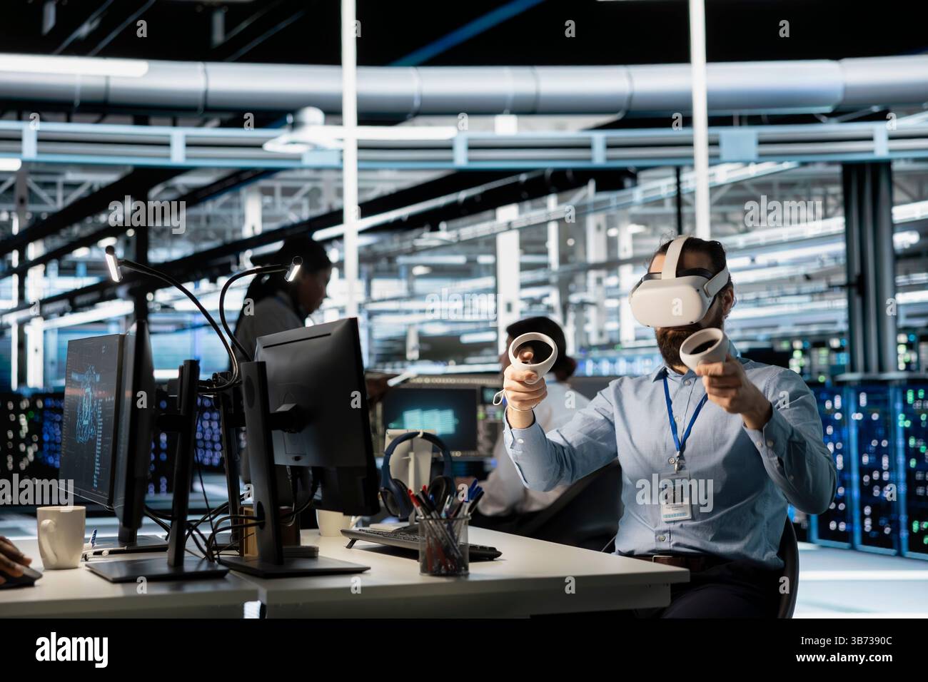 Engineer in data center using VR headset tech to verify neural network parameters. Server hub IT expert using virtual reality to inspect configurations, ensuring optimal application performance Stock Photo