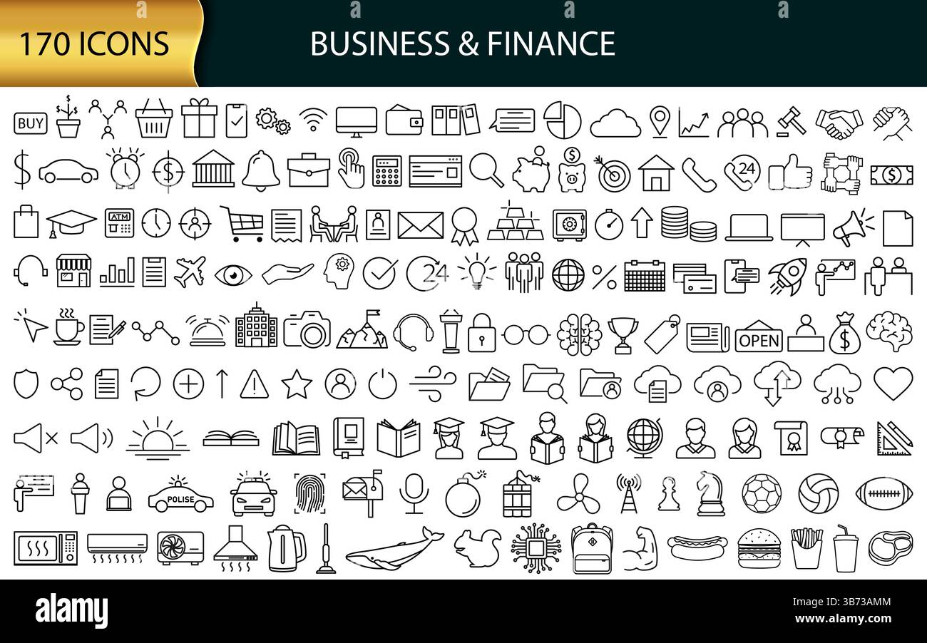 A versatile collection of 170 unique business icons for various professional and digital media applications. Set of Business and finance icons. Vector Illustration. Eps10 Stock Vector