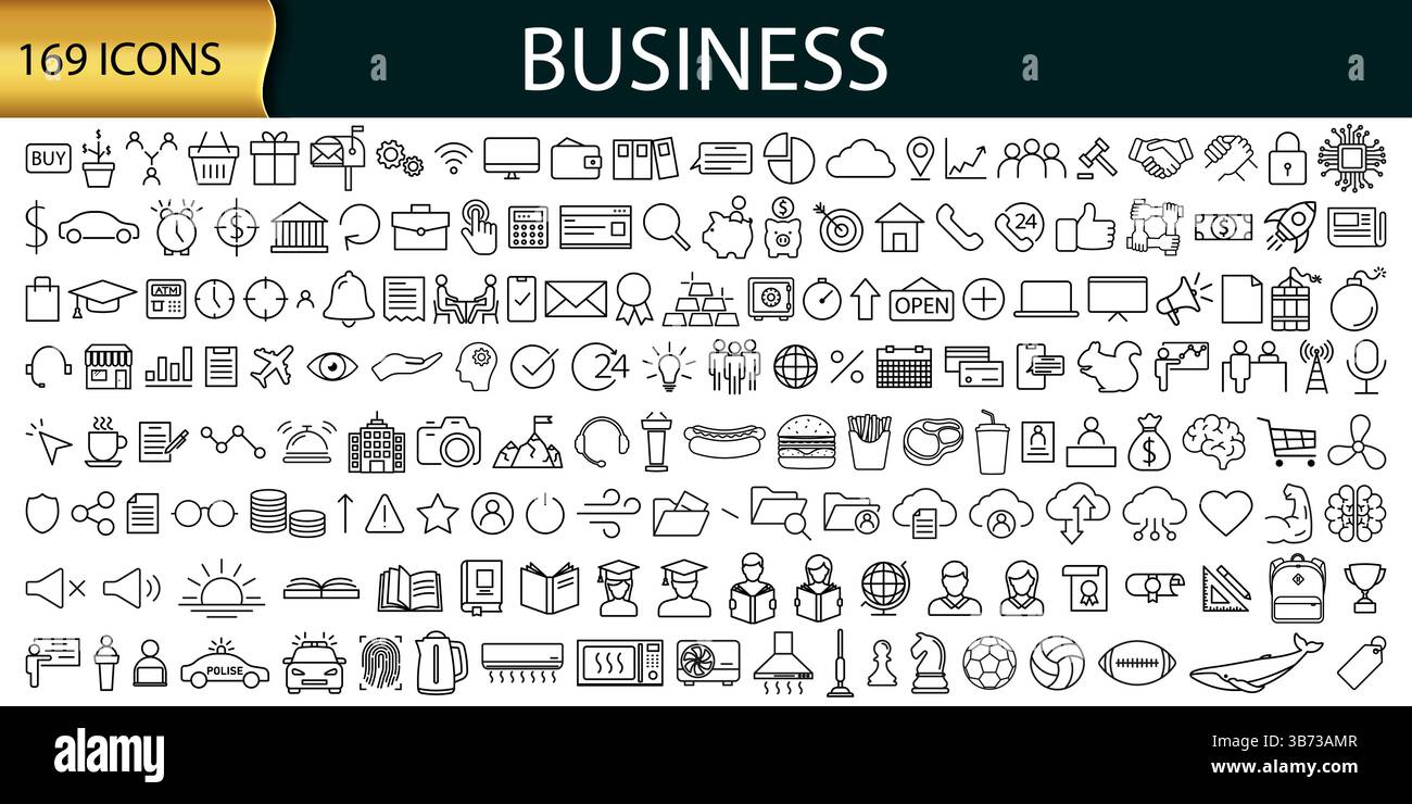 A versatile collection of 169 unique business icons for various professional and digital media applications Stock Vector