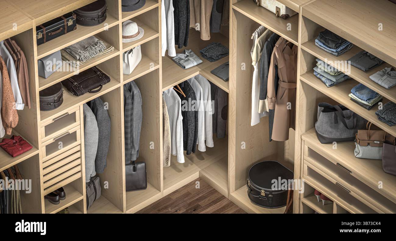 Modern wooden walk in closet organizing clothes and accessories 3d Stock Photo